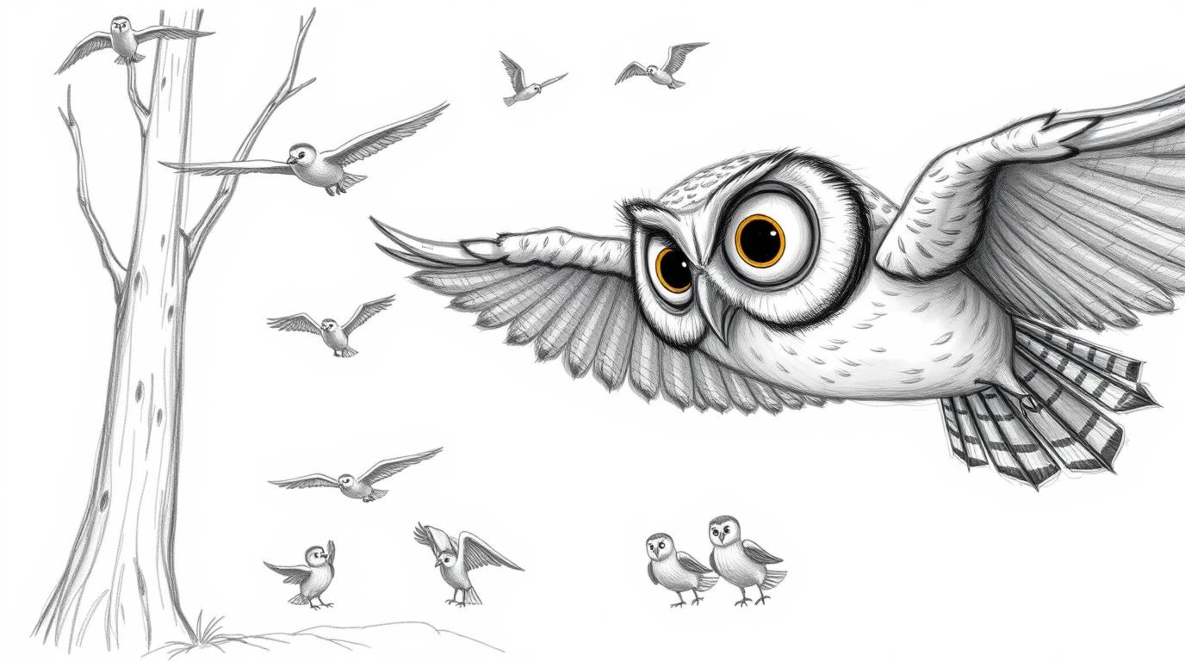 A captivating hand-drawn sketch in the style of Pixar depicts a blind owl with expressive eyes, meticulously rendered with te