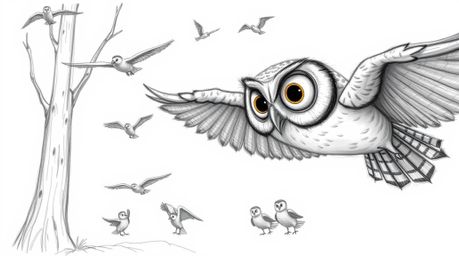 A captivating hand-drawn sketch in the style of Pixar depicts a blind owl with expressive eyes, meticulously rendered with te
