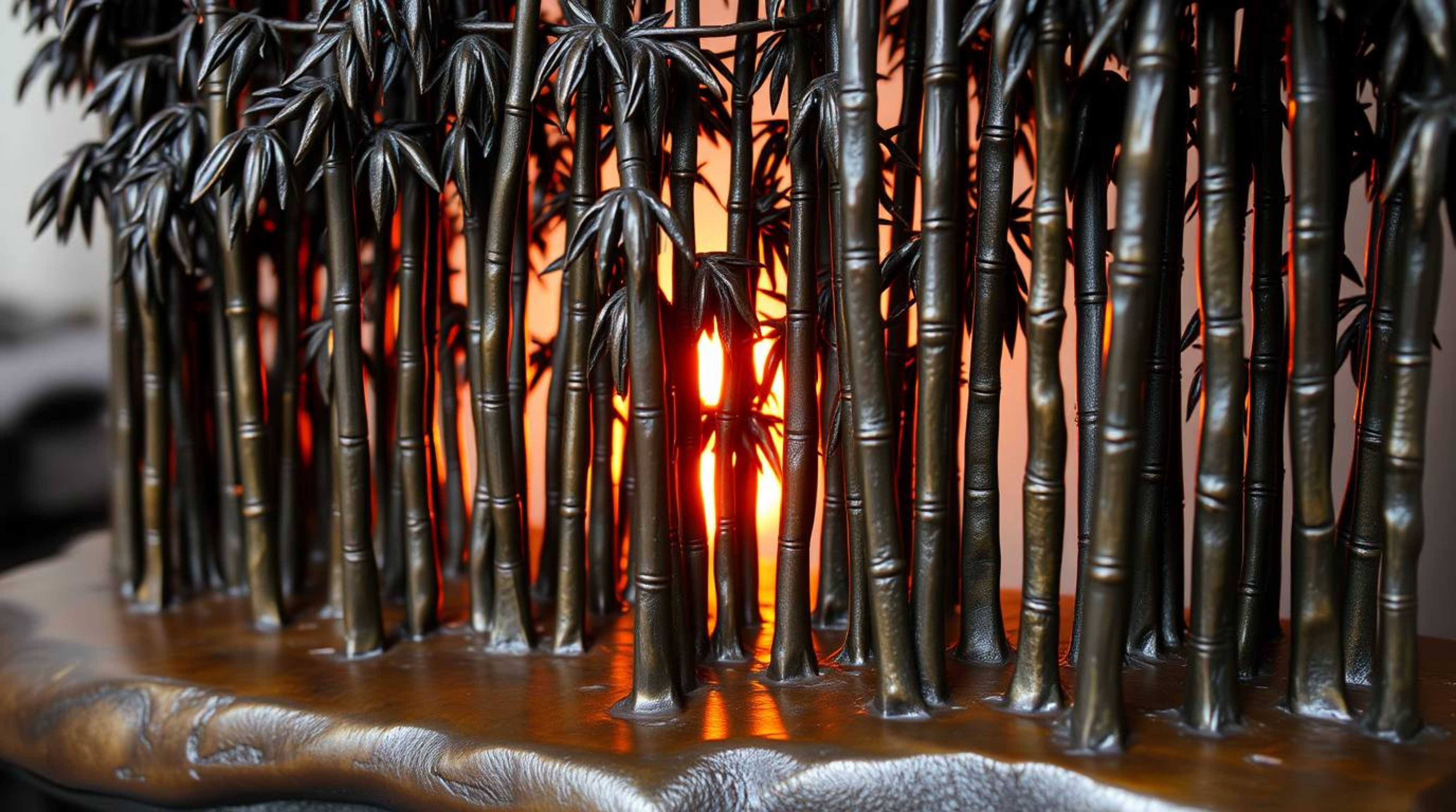 A captivating cast bronze sculpture depicting a bamboo forest at sunset.  The antique patina finish beautifully highlights th