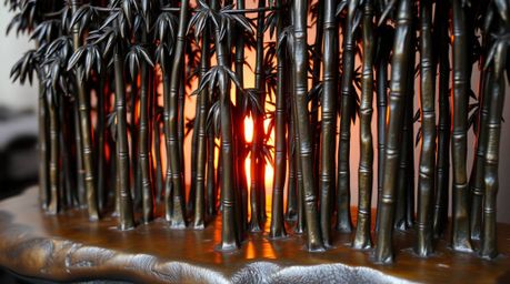 A captivating cast bronze sculpture depicting a bamboo forest at sunset.  The antique patina finish beautifully highlights th