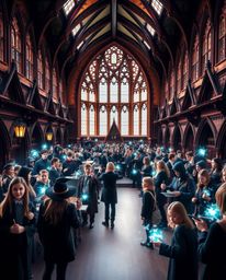 This high-resolution stock photo captures the essence of a magical school teeming with young wizards. Featuring professional 