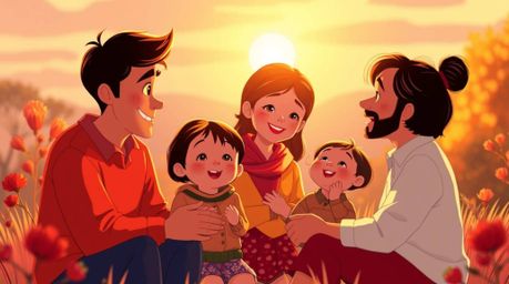 Experience the warmth and emotion of a heartfelt family reunion in this Pixar-style illustration. Bathed in the soft glow of 