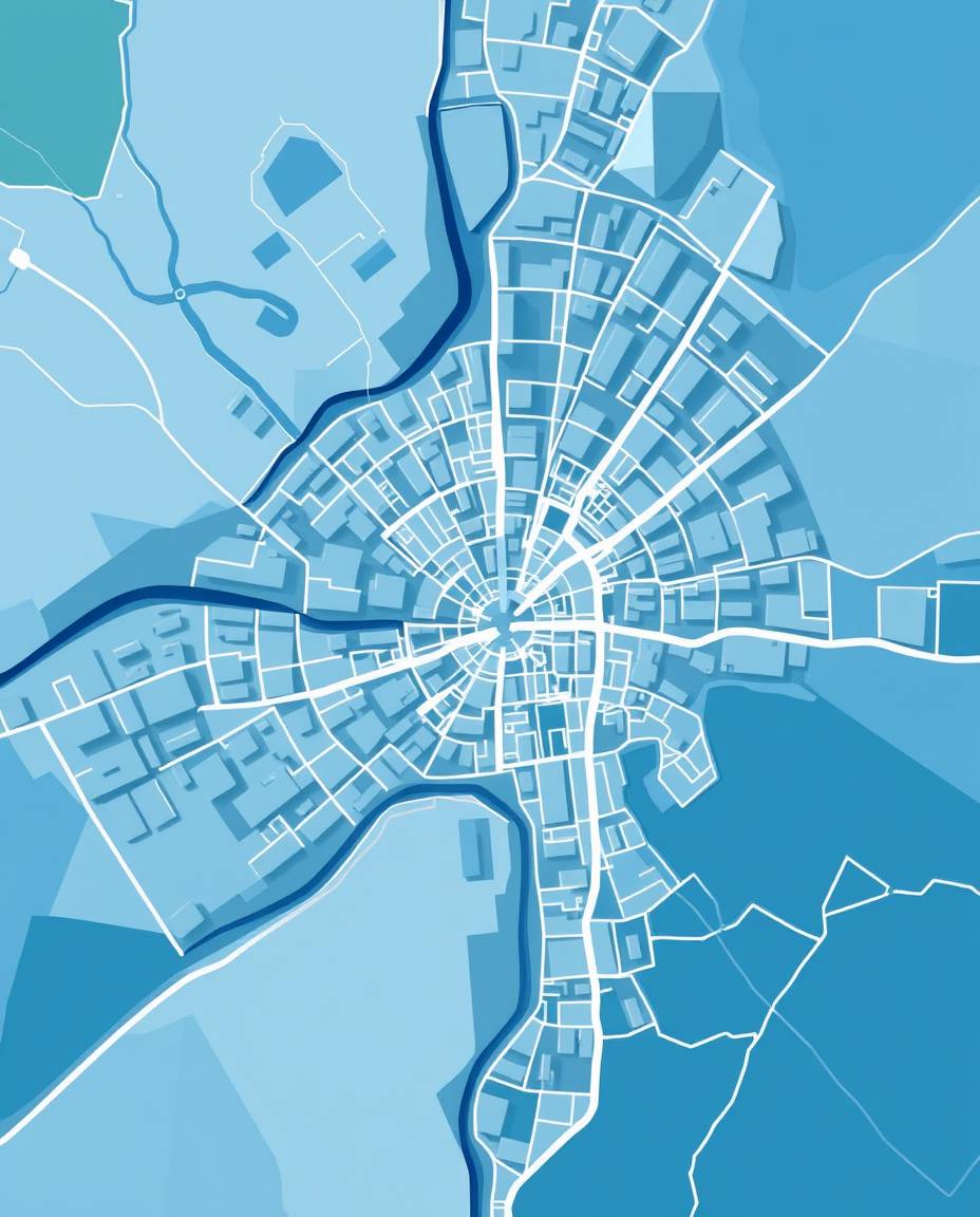Explore an abstract city map rendered with geometric shapes and a captivating top-down perspective. The cool color palette, f