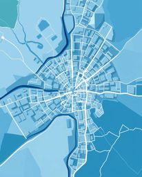 Explore an abstract city map rendered with geometric shapes and a captivating top-down perspective. The cool color palette, f