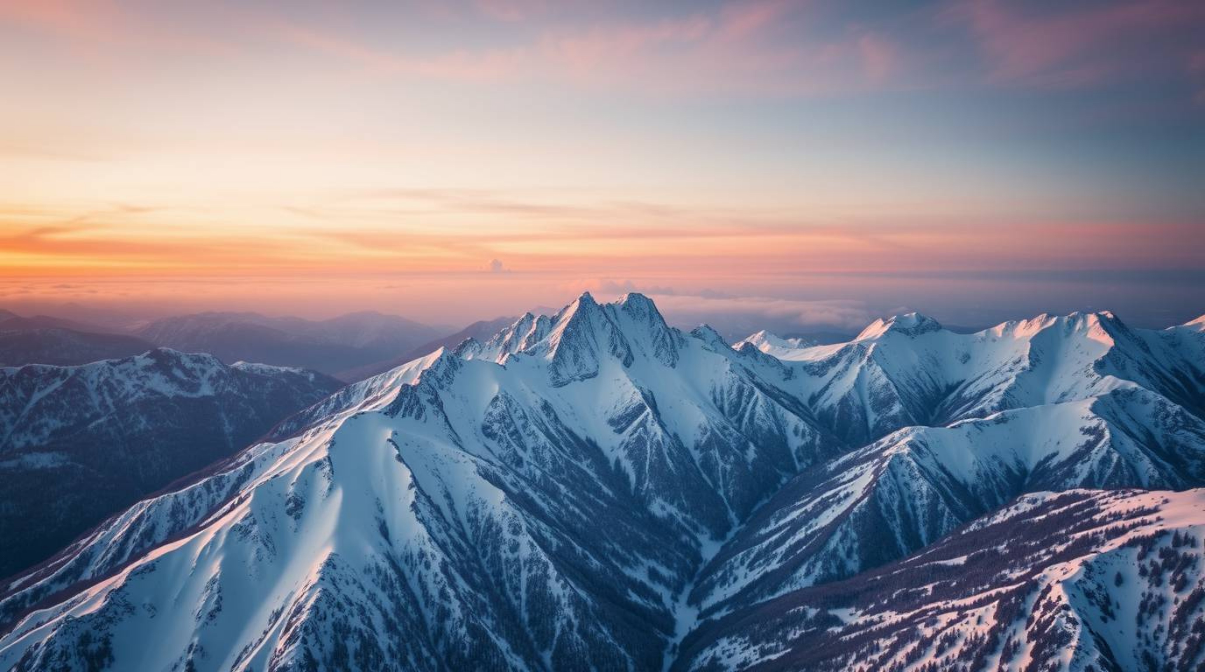 Experience a breathtaking bird's-eye view of snow-covered mountains bathed in the warm glow of a pastel sunset. This image ca