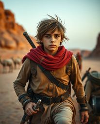 A brave hero embarks on a thrilling Disney-style desert adventure, captured in a unique fine art photographic style.  This pr