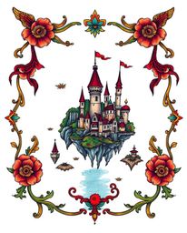 This stunning overhead image showcases a vibrant traditional tattoo art print. Depicting a whimsical kingdom with floating i