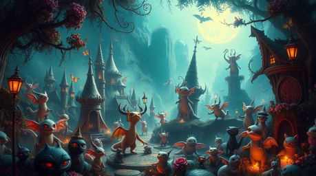 Explore a whimsical fantasy kingdom teeming with quirky magical creatures, all bathed in a soft, dreamy atmosphere. Rendered