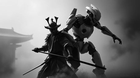 A timeless clash between a samurai in elegant attire and a highly detailed robot unfolds in a hazy dystopian world.  Rendered