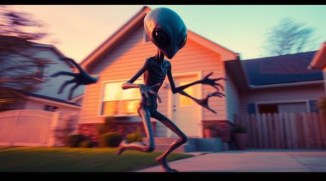 A dynamically moving alien is depicted in a vibrant and colorful scene within a suburban house. The artwork features blurred 