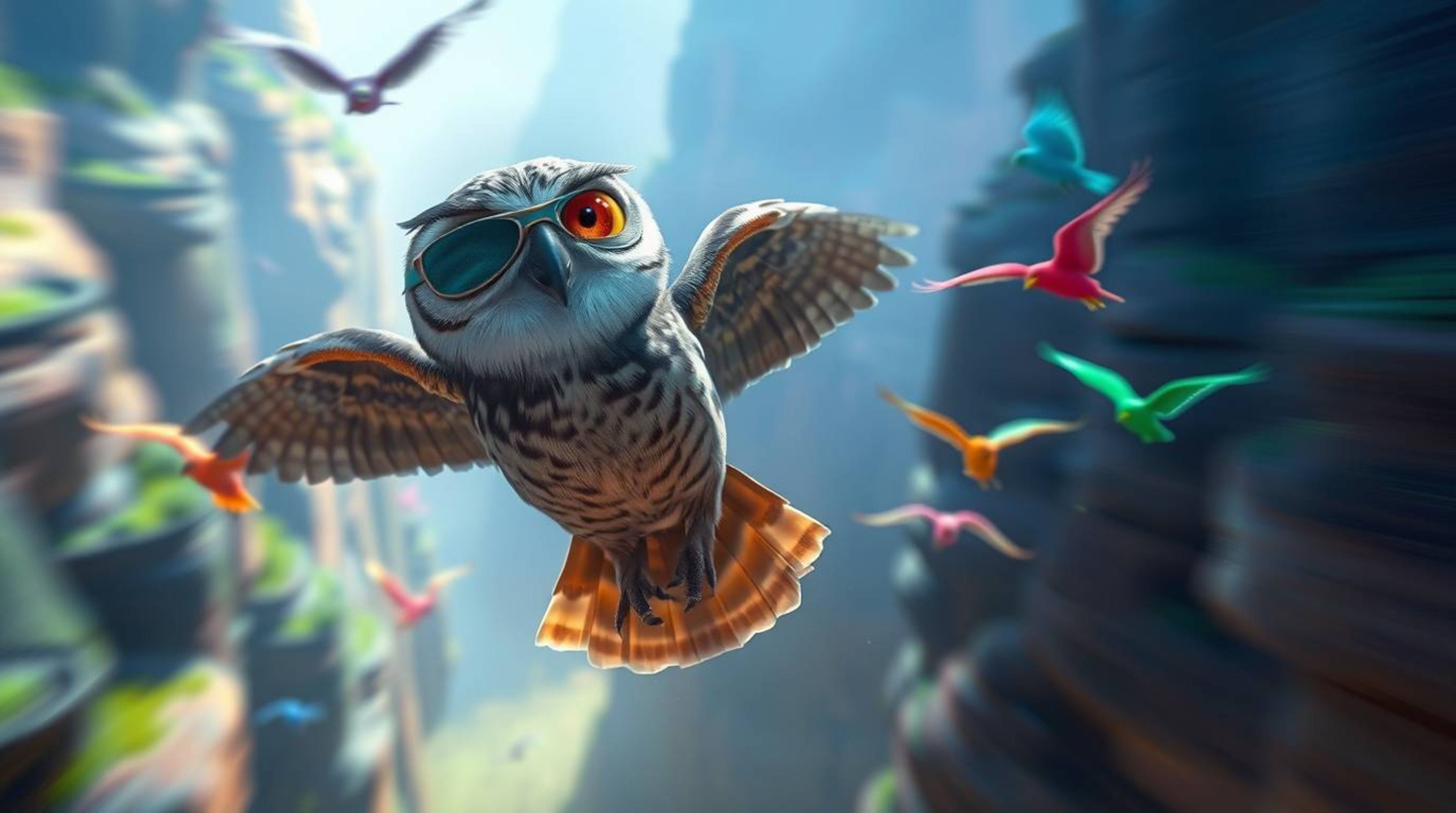 This mystical and joyful Pixar-style cinematic image features a blind owl with expressive eyes as it guides colorful birds in