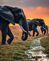Elephants walking across a field at sunset in a wet rainy scene with drizzling rain and reflective surfaces, captured in a gr