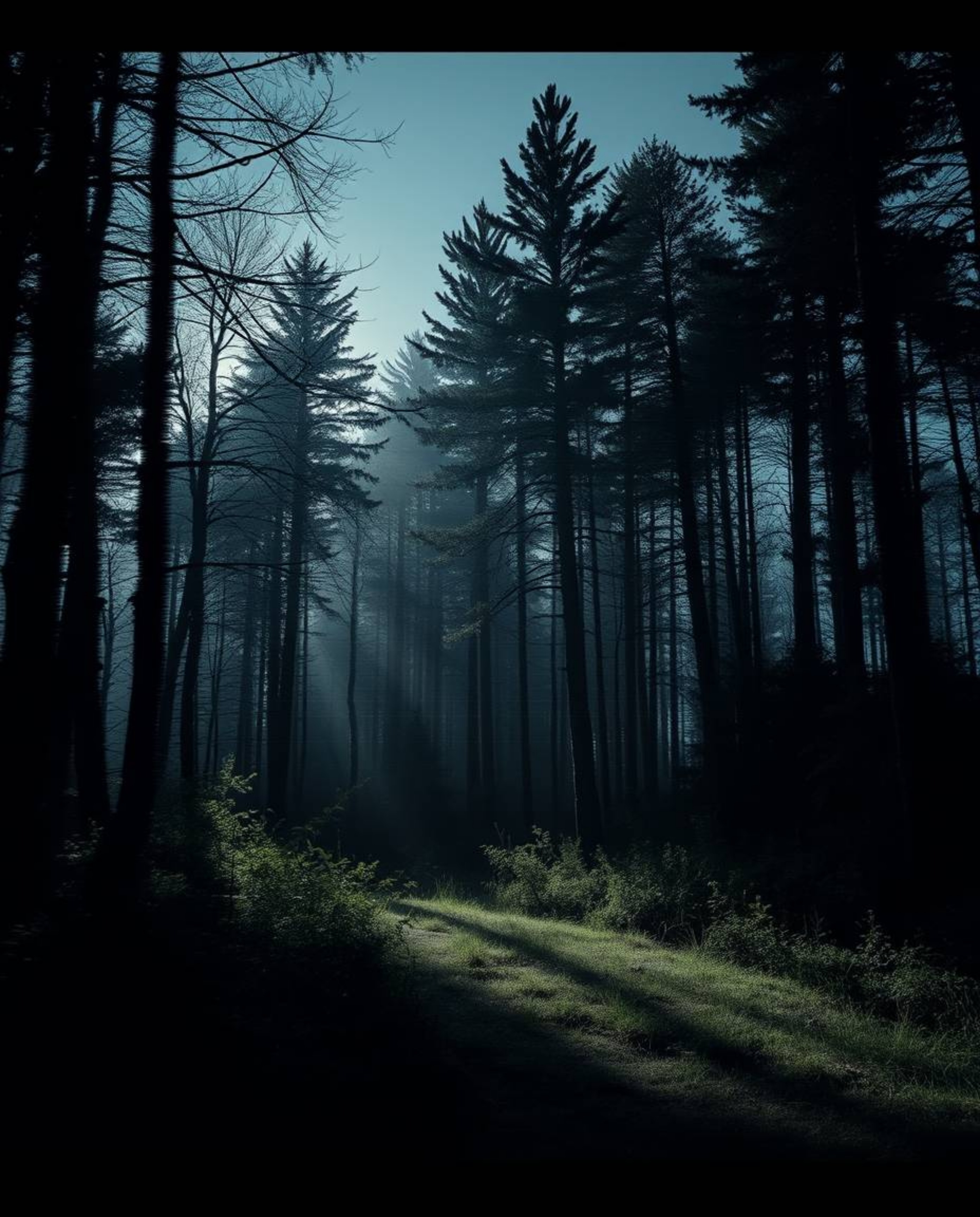 A dramatic, cinematic image of a natural forest scene overlaid with a digital glitch effect.  Rendered in intense jet black w