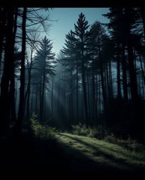 A dramatic, cinematic image of a natural forest scene overlaid with a digital glitch effect.  Rendered in intense jet black w