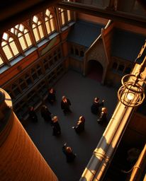 Experience the enchanting beauty of a magical school through a high-angle view, bathed in the soft, golden light of either su