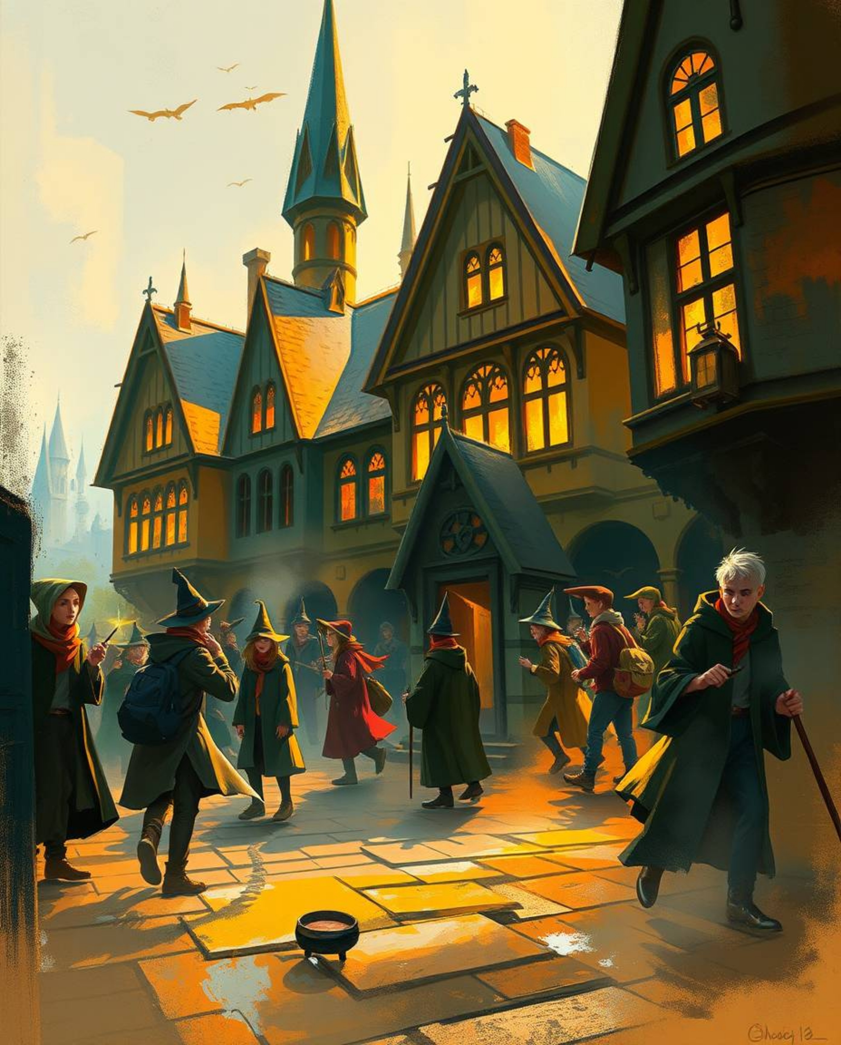 This dynamic digital sketch portrays a magical school brimming with young wizards. The artwork utilizes loose painterly strok