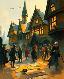 This dynamic digital sketch portrays a magical school brimming with young wizards. The artwork utilizes loose painterly strok