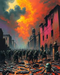 A visually striking battlefield scene features time-warped soldiers amidst crumbling buildings, brought to life with vibrant 