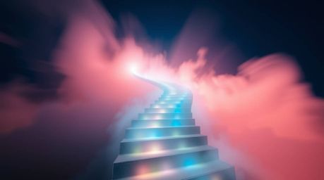 A captivating long exposure photograph depicts a dreamy, iridescent stairway of smoke and light ascending into a vast, cloudy