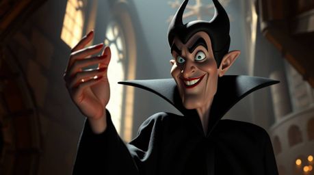 A captivating image of a classic Disney villain, refined and subtly smiling, casting a spell within the enchanting ambiance o