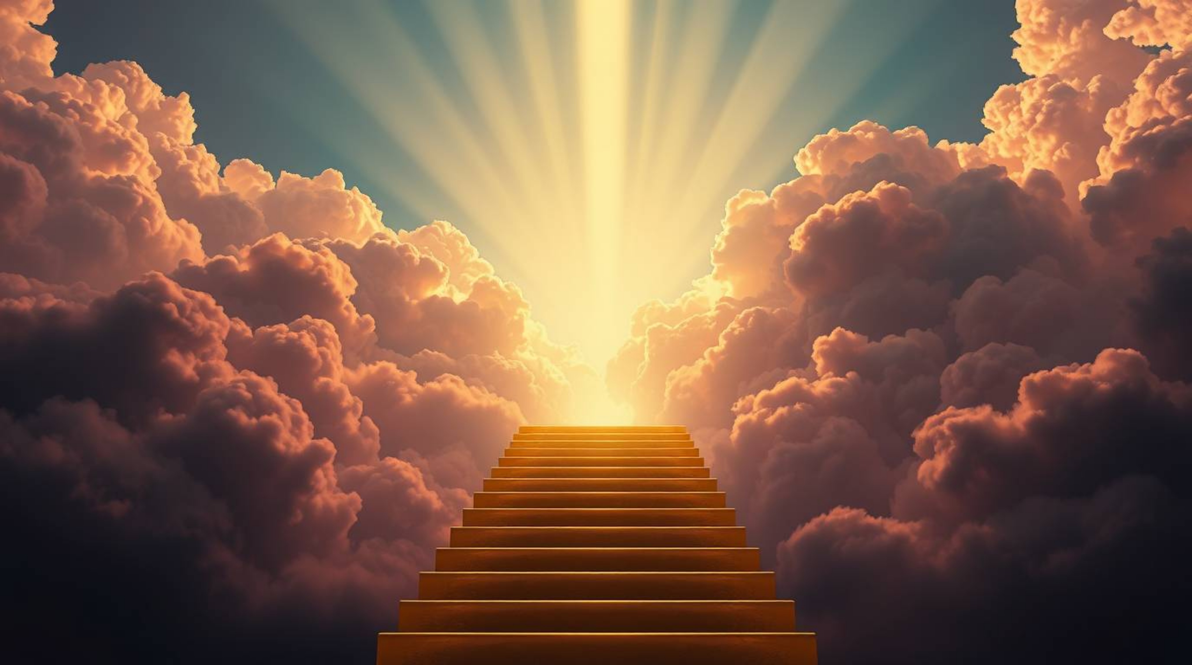 A breathtaking digital painting depicting a golden staircase elegantly ascending through billowing clouds towards a radiant h