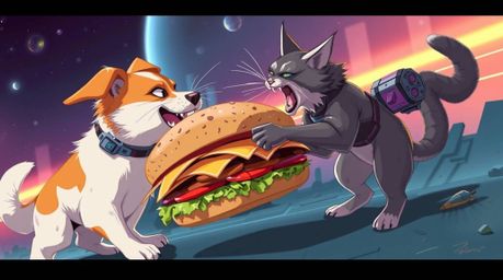 A futuristic sci-fi illustration depicts a humorous scene of a dog and cat locked in combat over a massive sandwich. The back