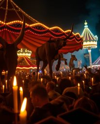 Imagine a captivating carnival scene, unexpectedly overtaken by wild animals, yet bathed in the soft, warm glow of candleligh