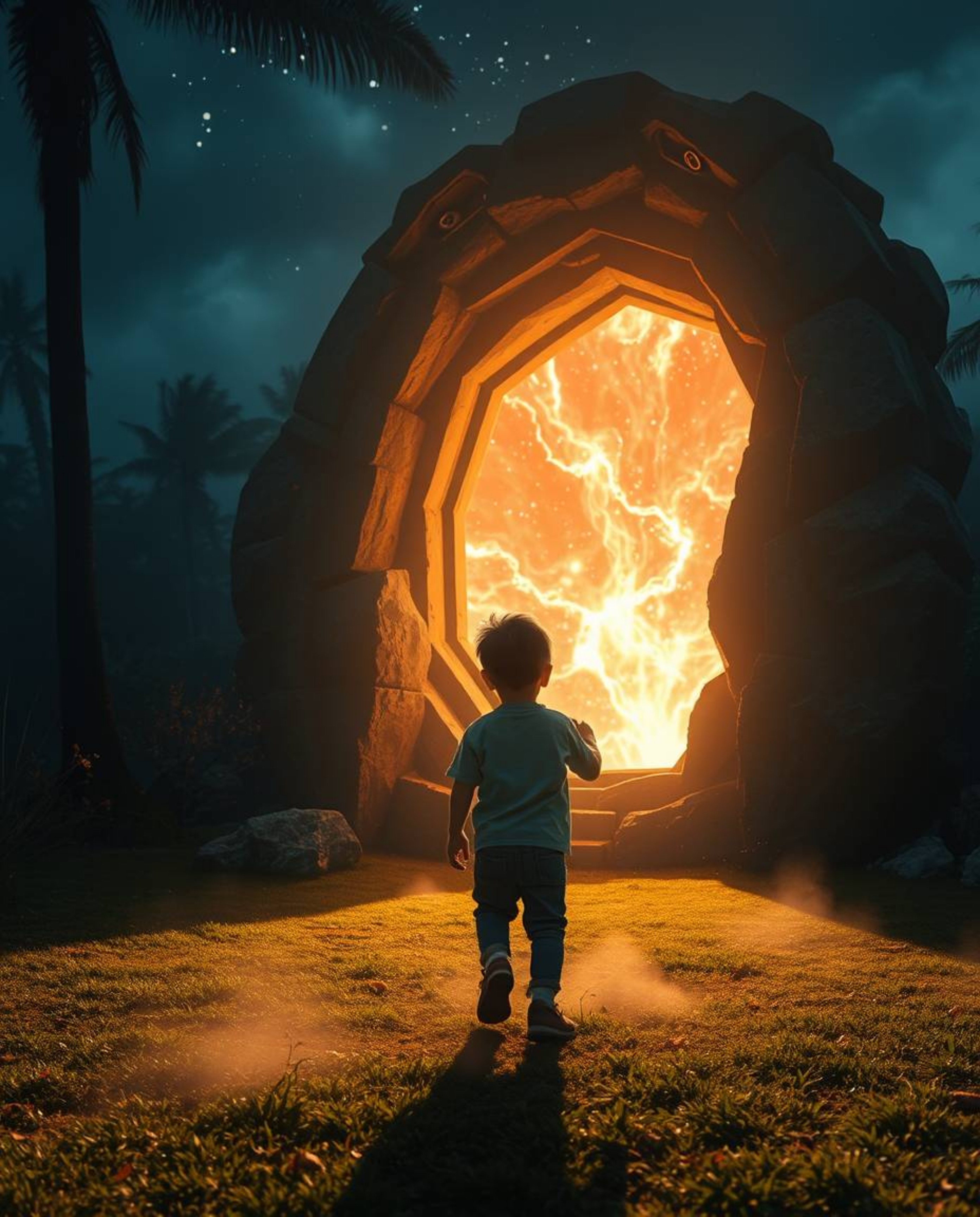 A child stumbles upon a breathtaking, massive magical portal in their futuristic backyard.  Volumetric lighting creates an ep