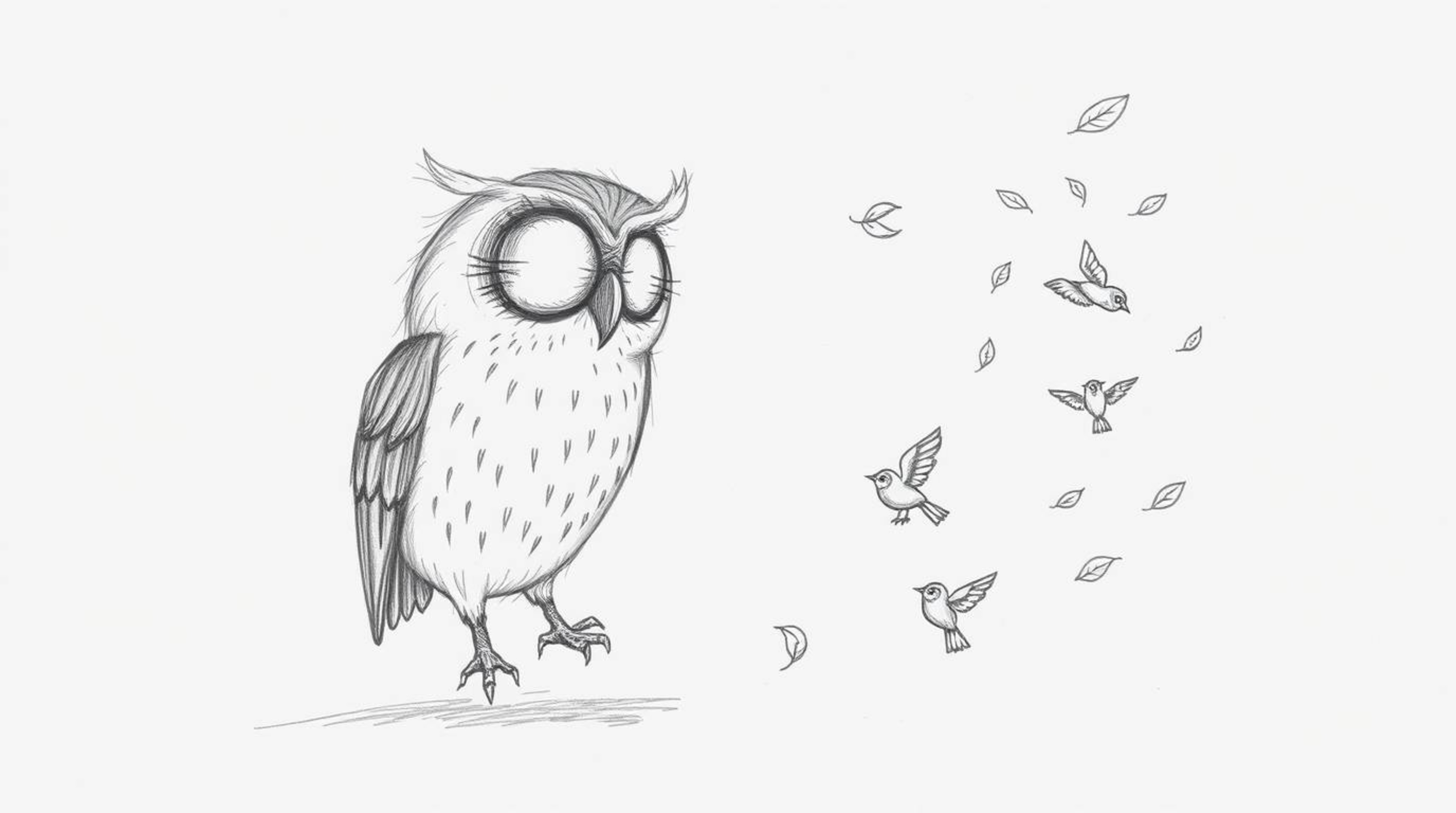 A captivating hand-drawn sketch depicts a blind, Pixar-esque owl with a wise, slightly wrinkled face. The owl gently guides s