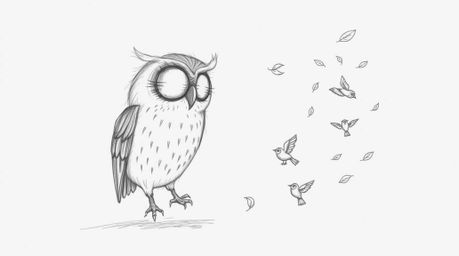 A captivating hand-drawn sketch depicts a blind, Pixar-esque owl with a wise, slightly wrinkled face. The owl gently guides s