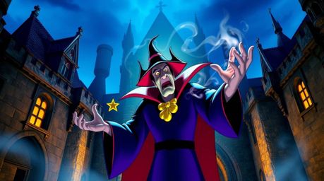 A classic Disney villain casts a powerful spell within the walls of an ancient castle, illuminated by vibrant, electric color