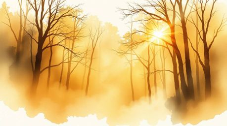 A captivating watercolor painting depicting a mystical forest at golden hour.  Translucent washes and fluid brushstrokes crea