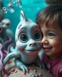 A whimsical illustration depicts the unlikely friendship between an adorable, large-eyed sea creature and a gentle human chil