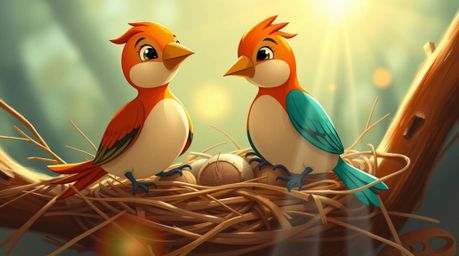 A delightful painting showcases two cartoon birds diligently building their nest in a classic animation style, utilizing a wa