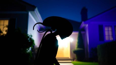 A captivating image depicts a silhouetted alien figure within a typical suburban house.  The scene is dramatically lit with c