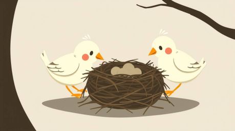 This captivating artwork depicts two-dimensional cartoon birds diligently constructing a nest, rendered in a classic animatio