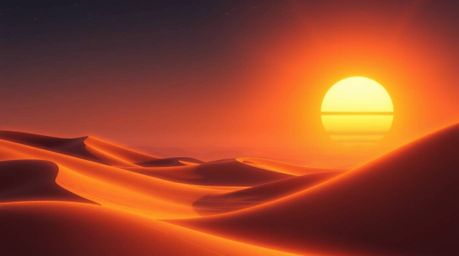 A stunning digital illustration showcases a vibrant sunset over golden desert dunes.  Bioluminescent colors and natural light