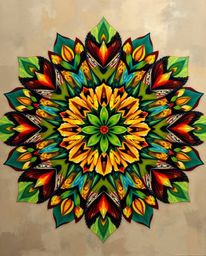 This artwork features a geometric floral mandala rendered in a classic oil painting style. Vibrant colors and a symmetric des