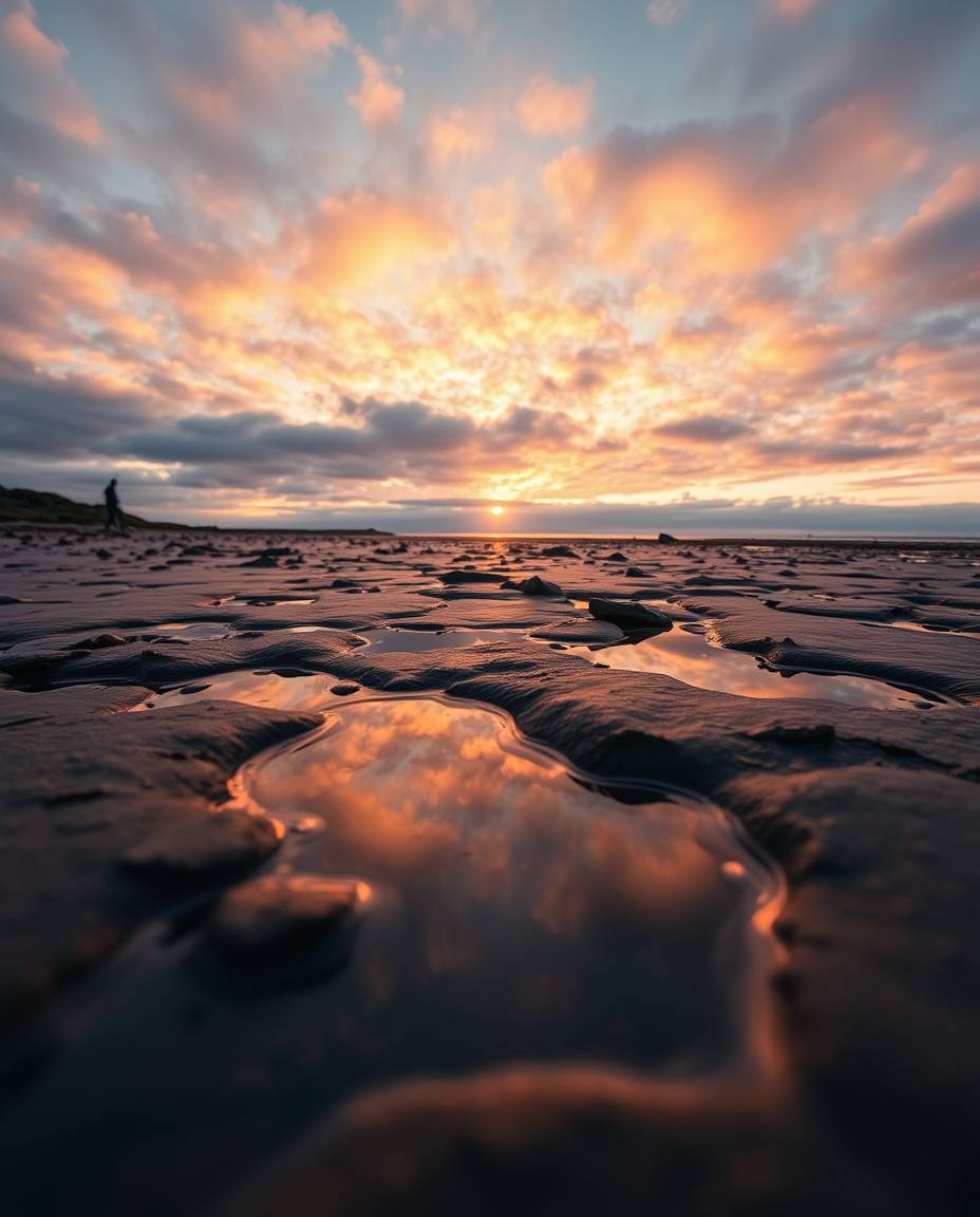 A low-angle perspective photograph captures a striking sunset sky as it reflects in the tidal pools of a beach. The scene is 