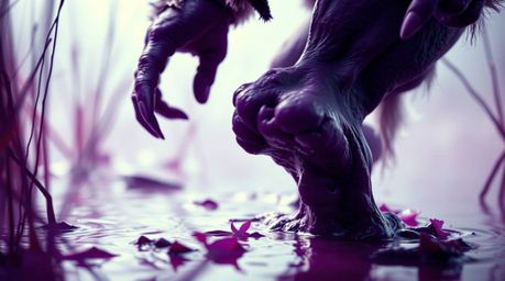 A vibrant and detailed extreme macro close-up of an ogre dancing in a swamp. The image features vivid purples, high contrast,