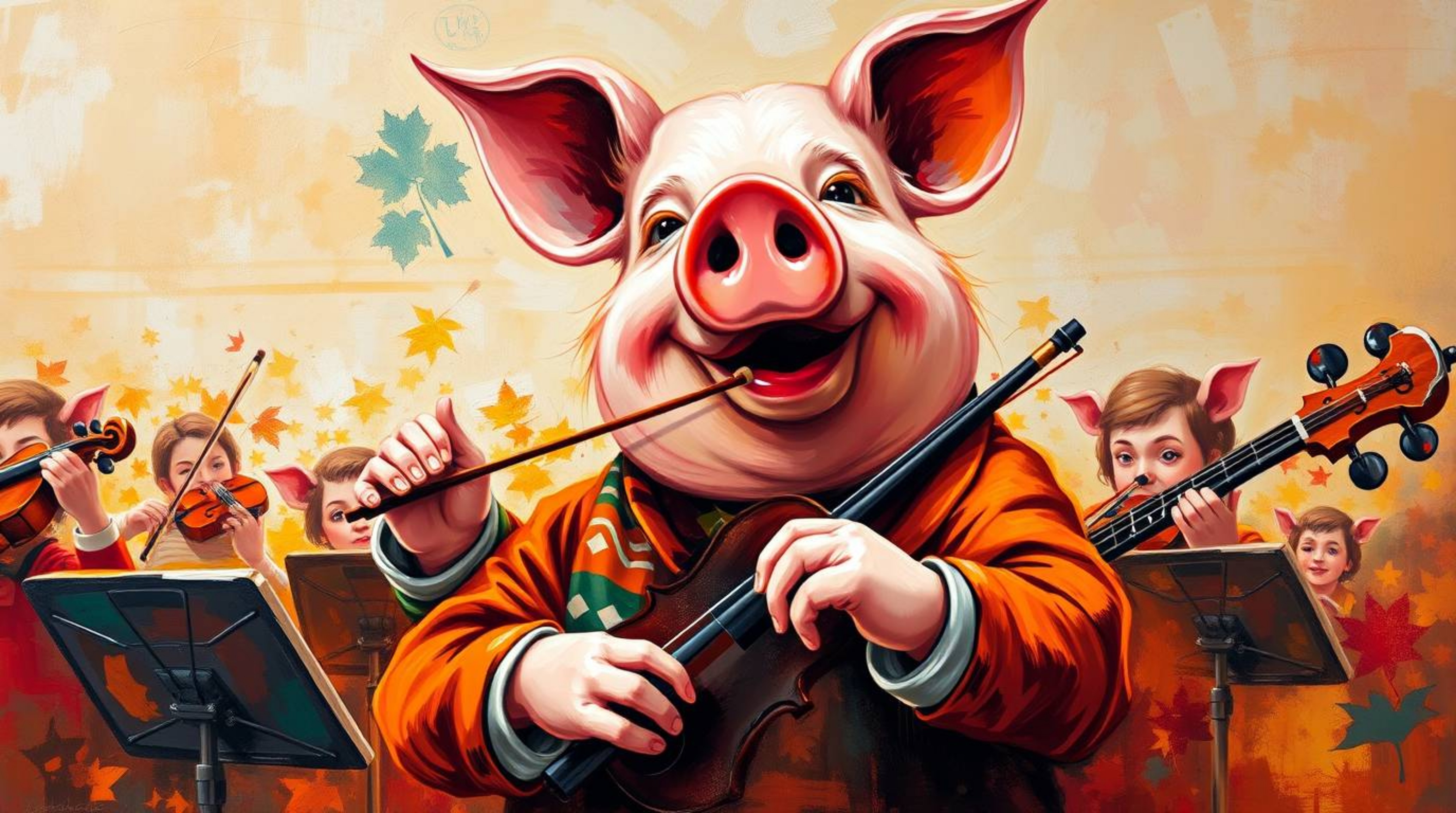 A vibrant and bold acrylic painting depicts a charming pig character enthusiastically conducting an orchestra.  The artwork f