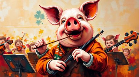 A vibrant and bold acrylic painting depicts a charming pig character enthusiastically conducting an orchestra.  The artwork f