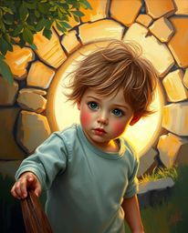 A whimsical oil painting depicts a child with rosy cheeks and tousled hair stumbling upon a magical portal hidden in their ba