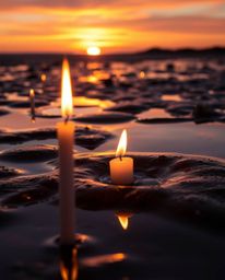 A tight close-up shot captures a sunset sky mirrored in tidal pools on the beach. The scene is intimately illuminated by warm