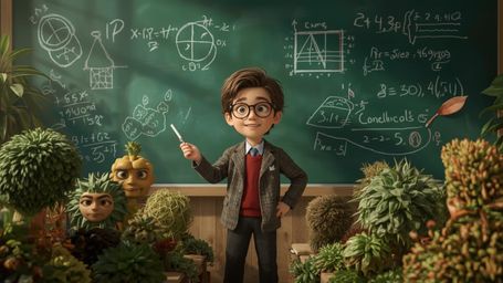 A highly detailed, high-resolution stock photo features a brilliant, bespectacled homeschooled genius, reminiscent of Pixar's