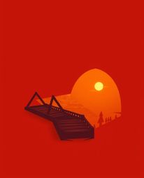 A high-angle geometric logo depicting an old wooden bridge over a river at sunset. This design is characterized by its clean 