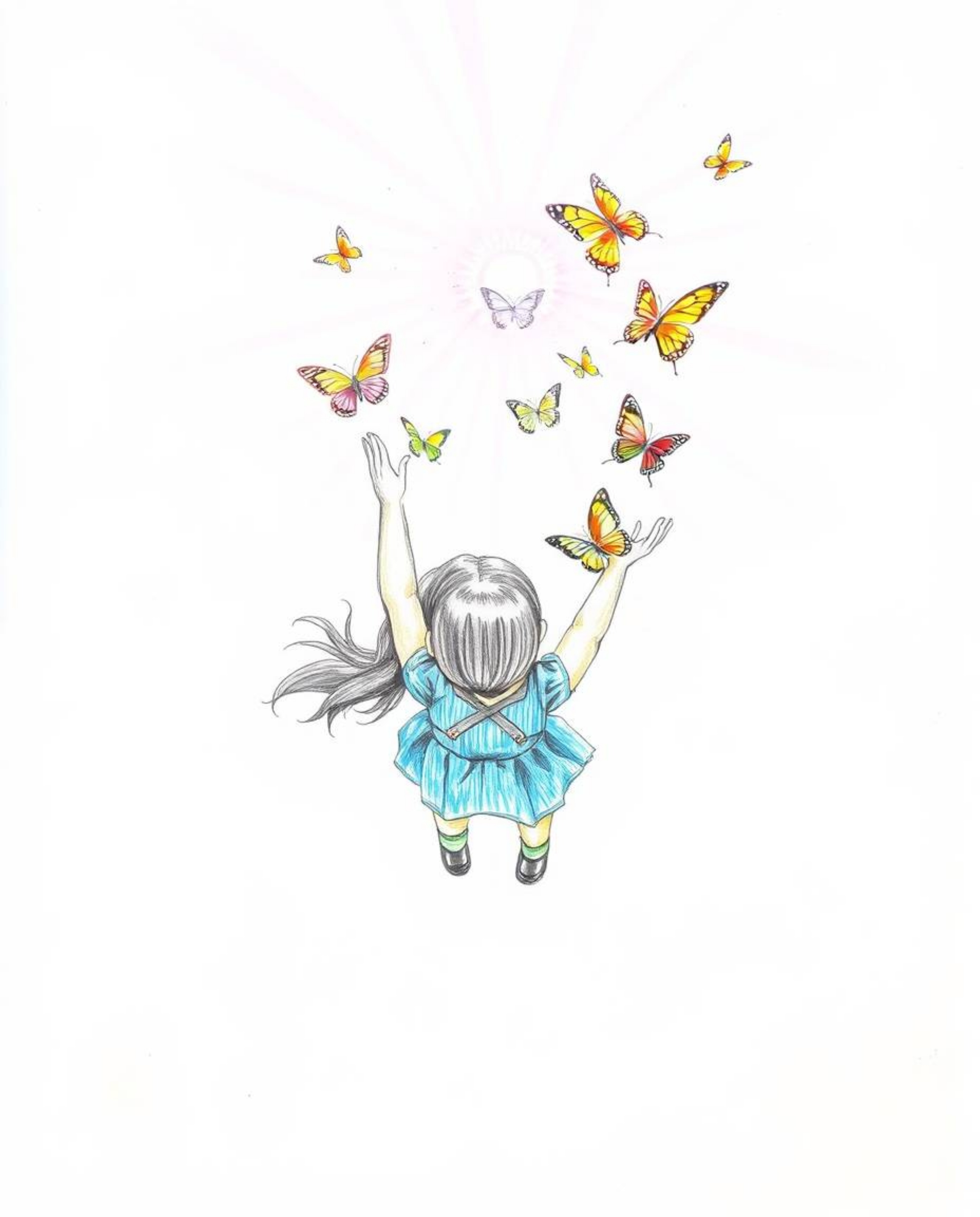 A captivating hand-drawn sketch depicts a girl releasing a flurry of butterflies against a bright, white background.  The ima
