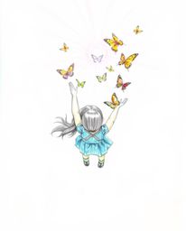 A captivating hand-drawn sketch depicts a girl releasing a flurry of butterflies against a bright, white background.  The ima