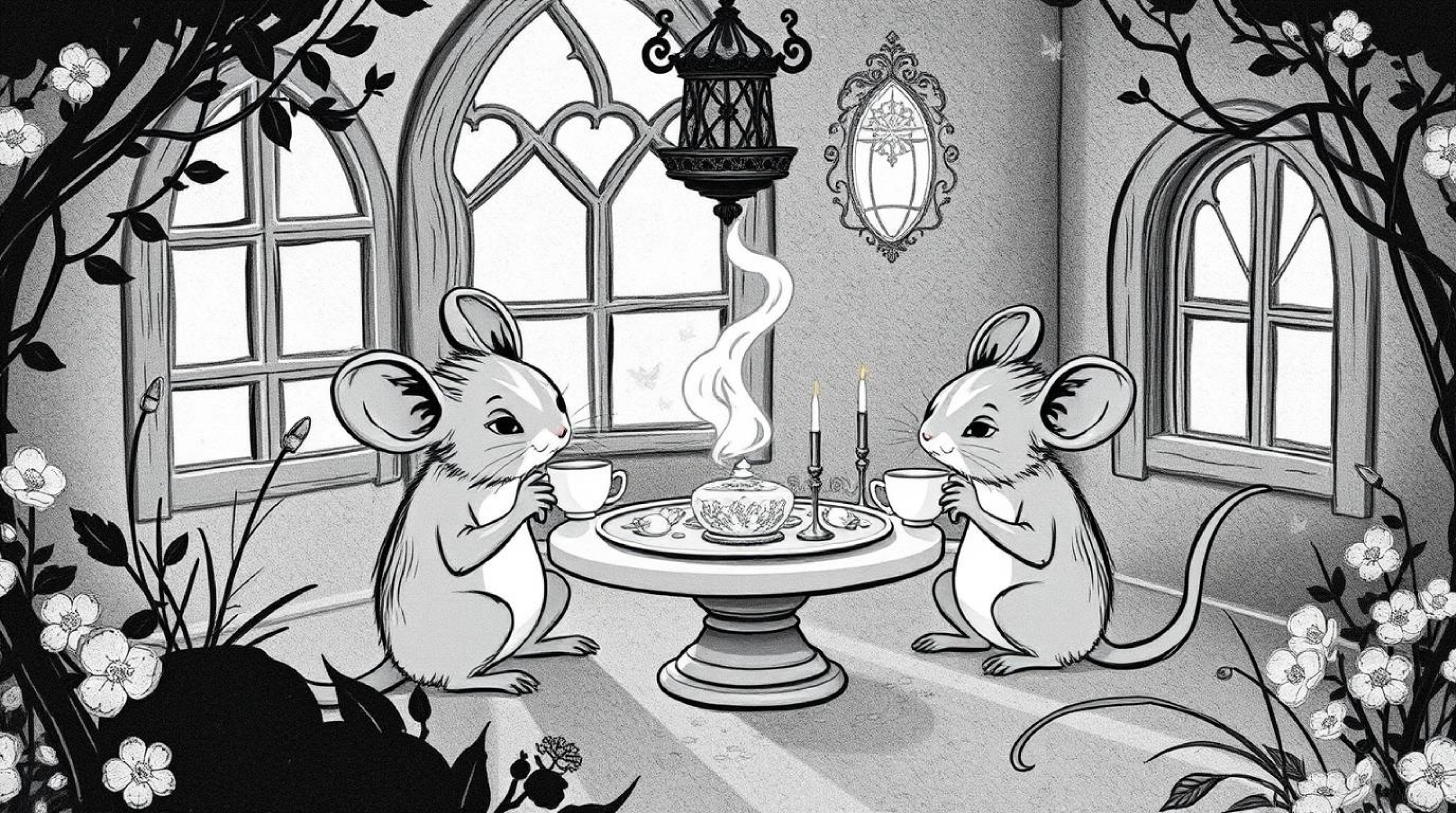 A captivating black and white illustration depicting anthropomorphic mice enjoying a tea party in a cozy cottage.  The image 