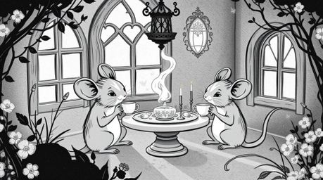 A captivating black and white illustration depicting anthropomorphic mice enjoying a tea party in a cozy cottage.  The image 